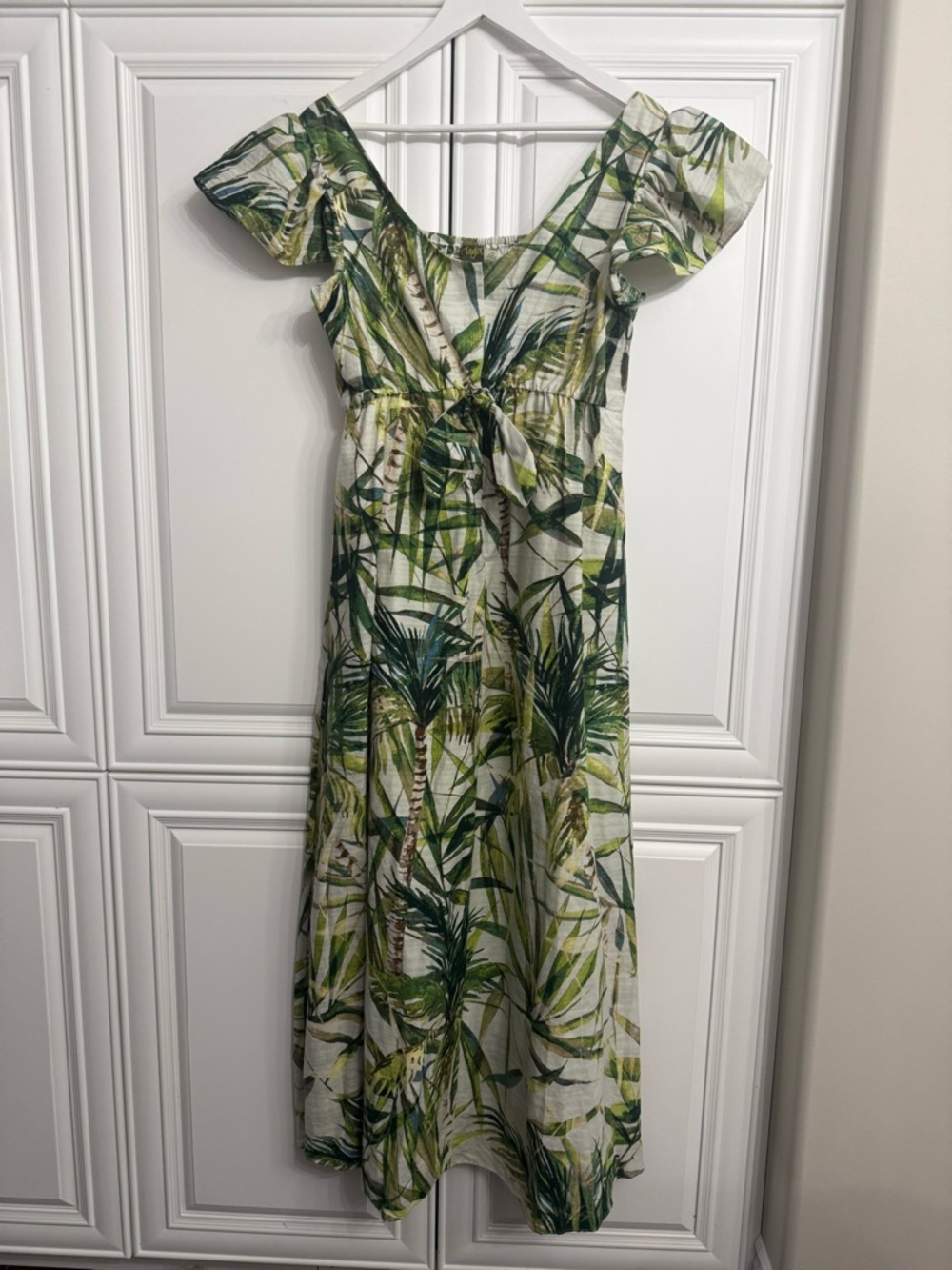 Taylor Sz 10 Green Palm-Print Maxi Dress w/Tie Front Flutter Sleeves 100% Cotton